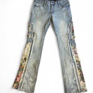 Men's Blue Straight Jeans with Floral patchwork design